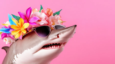 Shark styled with beachy floral crown and sunglasses, floating happily on a pastel pink backgroundの素材