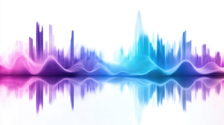 Smooth flowing soundwave with abstract motion and gradient colors, emphasizing frequency waves in blue-purple tones on whiteの素材