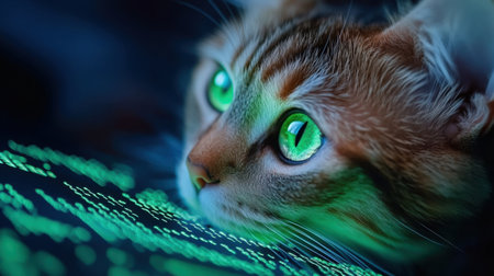 Digital cat moment: sharp green eyes staring into infinite code in a cyber universeの素材