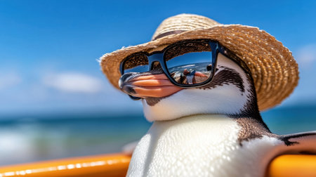 Cool penguin in stylish sunglasses and a wide-brimmed hat chilling by the ocean under the sunの素材