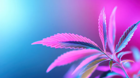 Digital artwork of cannabis leaf with dreamy teal-pink gradient and motion blurの素材