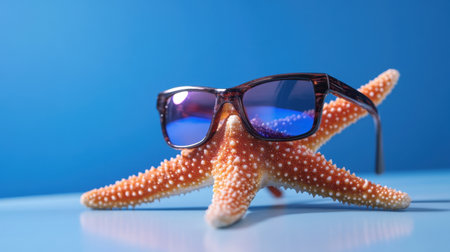 Fun summer concept of a starfish with stylish sunglasses on bold blue backgroundの素材