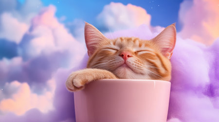 Peaceful cat nap in a cup surrounded by pastel clouds and gentle breeze atmosphereの素材