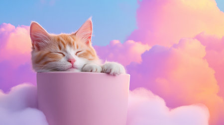 Peaceful cat nap in a cup surrounded by pastel clouds and gentle breeze atmosphereの素材