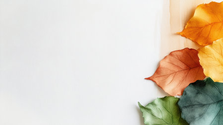 Painted fall leaves in seasonal colors, watercolor texture fades into a central blank spaceの素材