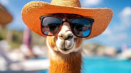Playful llama showing off its summer style with oversized sunglasses and floppy hatの素材