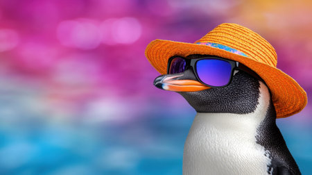 Penguin dressed for the beach in sunglasses and sunhat, against a vibrant oceanic backdropの素材