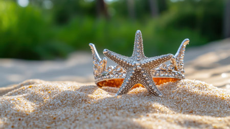 Starfish queen with a sparkling silver crown on tropical beach sand, set in an aesthetic decor layoutの素材