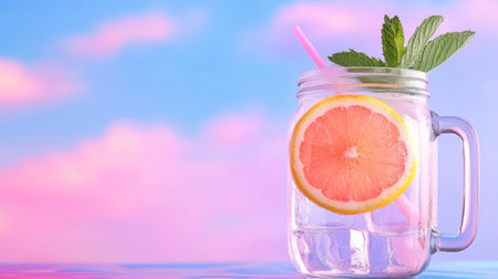 Summer drink with citrus slice and fresh mint resting on a dreamy pastel backdropの素材