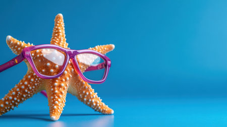 Summer starfish character with glasses relaxing on a clean, vibrant blue canvasの素材
