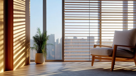 Tranquil moment as sunlight filters through blinds, creating warm lines of light and sky viewの素材