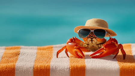 Summertime joy captured with crab chilling in sun hat and cool shades on a beach towelの素材