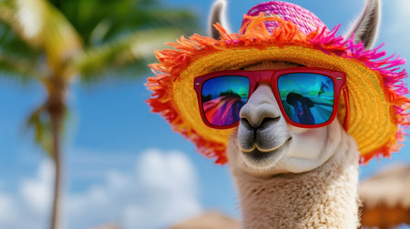 Summer-ready llama wearing shades and bright beach hat with a palm tree backgroundの素材