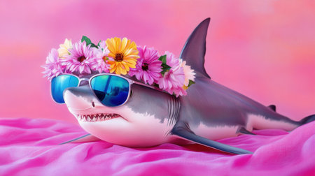 Summer-ready shark in floral crown and cool sunglasses, stylized on a funky pink backgroundの素材
