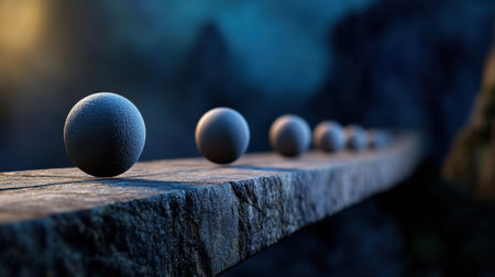 Surreal equilibrium of smooth spheres on a plank in moody dark settingの素材