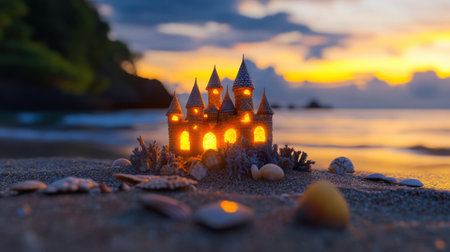Sunset-lit fantasy castle built from seashells and coral, glowing on a peaceful beachの素材
