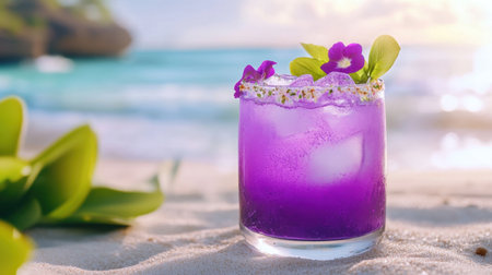 Summery purple cocktail glowing in sunlight with flower accents near sandy beachsideの素材