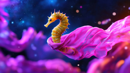 Surreal seahorse gliding through space with pink scarf, illuminated by nebula and stardustの素材
