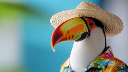 Toucan fashionably dressed for a tropical getaway with straw hat and Hawaiian shirt, perched with flairの素材