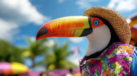 Tropical toucan in a patterned shirt and straw hat perched joyfully under the sun in a colorful settingの素材