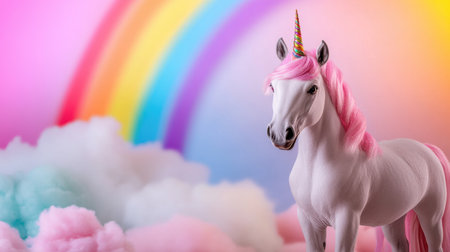 Vibrant pastel unicorn theme with swirling rainbows, sparkling glitter overlays, and soft clouds in a vector fantasy sceneの素材