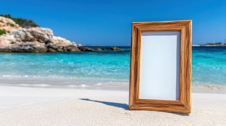 Wooden frame placed on a sandy shore with crystal-clear turquoise water in the backgroundの素材