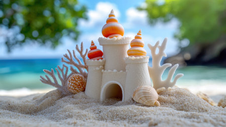 Whimsical underwater-style sandcastle with seashell towers and coral details by the shoreの素材