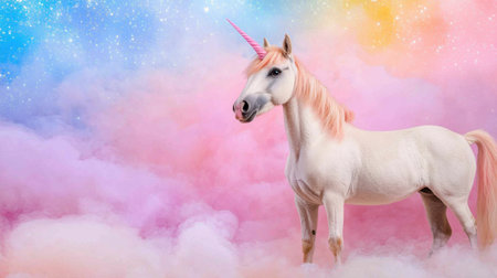 Whimsical unicorn scene featuring a glittery rainbow sky, pastel stars, and shimmering textures in a fairytale-inspired compositionの素材