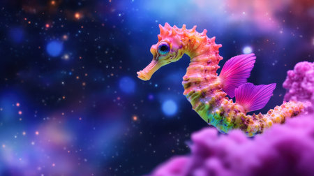 Whimsical seahorse in bright colors and pink scarf drifting in a galaxy of stars and cosmic dustの素材