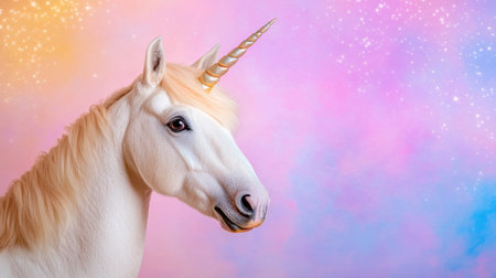 Whimsical unicorn scene featuring a glittery rainbow sky, pastel stars, and shimmering textures in a fairytale-inspired compositionの素材