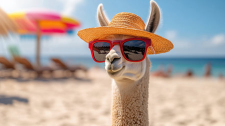 Whimsical llama dressed for the beach, flaunting shades and hat under radiant sunの素材