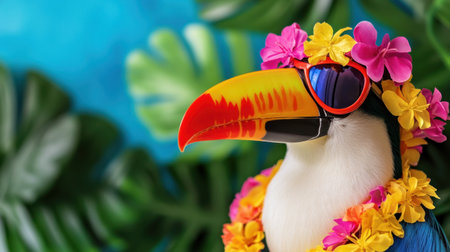 Whimsical toucan with summer outfit against vivid foliage and sunshine, expressing lively beach spiritの素材
