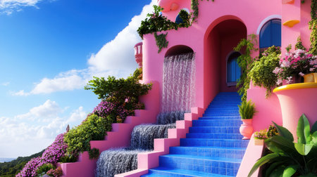 Vibrant waterfall cascading from a whimsical pink building under a bold blue skyの素材