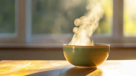 Winter warmth in ceramic bowl with steam, set on wood table by window lightの素材