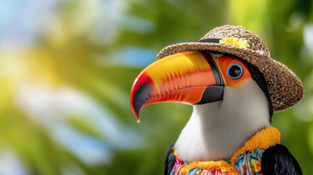 Whimsical toucan with summer outfit against vivid foliage and sunshine, expressing lively beach spiritの素材