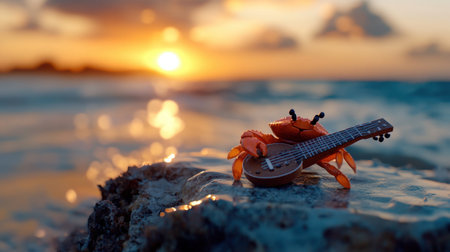 Sunset performance by a crab strumming guitar on a table by the beach, capturing calm and creativityの素材