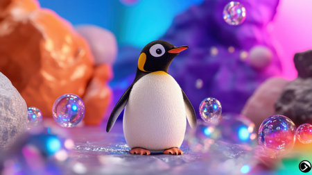 Sweet penguin character surrounded by rainbow bubbles, ethereal scenery in the distanceの素材