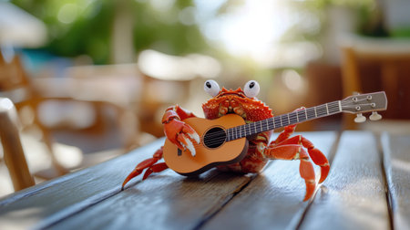 Funny crab playing guitar while sitting on a table at a sunny, peaceful outdoorの素材