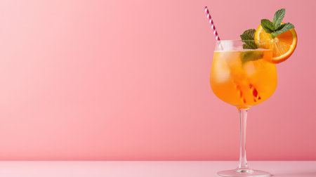 Vibrant cocktail with orange slice and mint leaves on soft pink pastel backgroundの素材