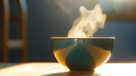 Organic ceramic bowl filled with steaming drink, shot with golden hour lightingの素材