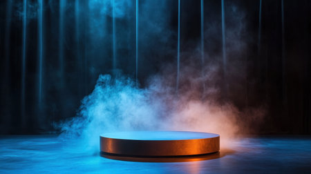 A lone round stage with smoky background and dramatic focused lightingの素材