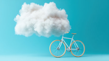 Abstract art of a white bike floating under a fluffy cloud in clear blue backdropの素材