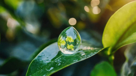A crystal-clear water drop containing Earth, resting on a green leaf, symbolizing sustainability and careの素材