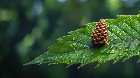 A small pine cone sits calmly on a dewy leaf, forest canopy casting light shadowsの素材