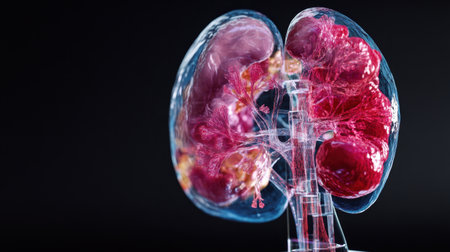 Artistic representation of kidney in 3D, illuminated with scientific accuracy on black canvasの素材