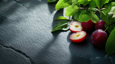 Artistic arrangement of sliced plums and leaves on a slate surfaceの素材
