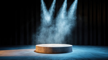 A lone round stage with smoky background and dramatic focused lightingの素材
