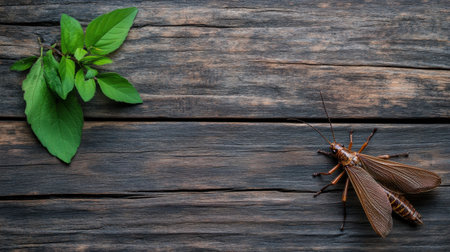 Artistic view of winged grasshopper on rustic wooden backgroundの素材