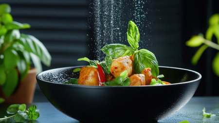 Authentic coconut curry with golden chicken, fresh herbs floating on topの素材