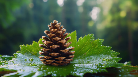 A single pine cone rests on a dew-covered green leaf, framed by soft forest light in the backgroundの素材